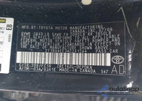 2010 Toyota Corolla Le/S/Xle from USA, damaged, VIN 2T1BU4EE3AC241244